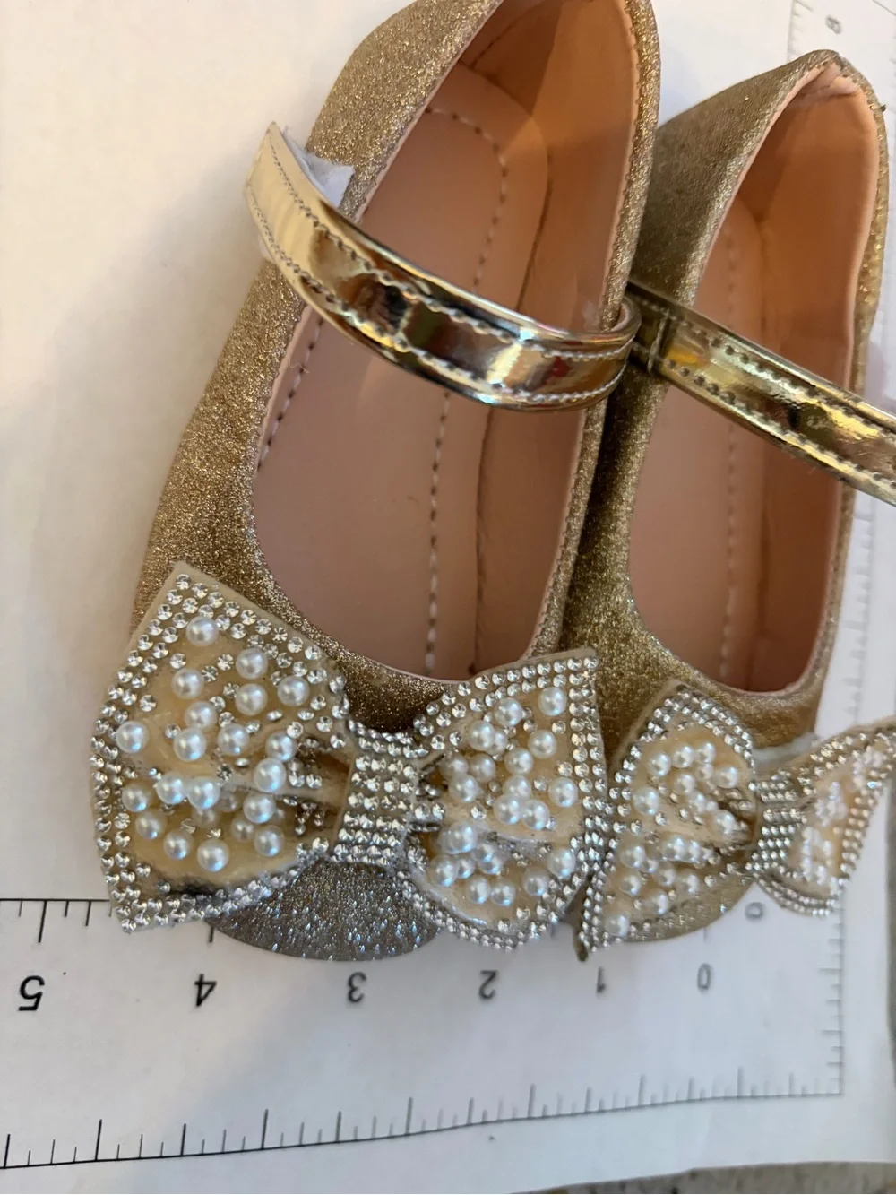 Girls Gold Pearl Bow Mary Jane Flats 5.5